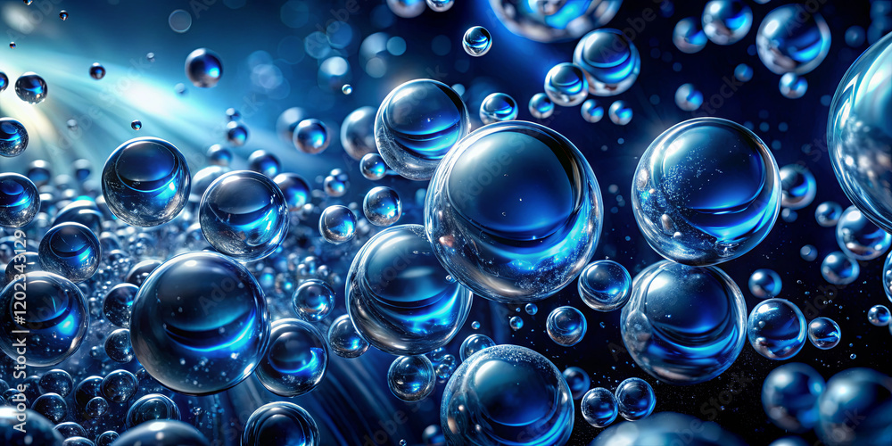 Bubbles of various sizes drift through a vibrant blue setting, illuminated by light rays creating an enchanting atmosphere. The intricate patterns and reflections enhance the beauty Bubbles of various sizes drift through a vibrant blue setting, illuminated by light rays creating an enchanting atmosphere. The intricate patterns and reflections enhance the beauty