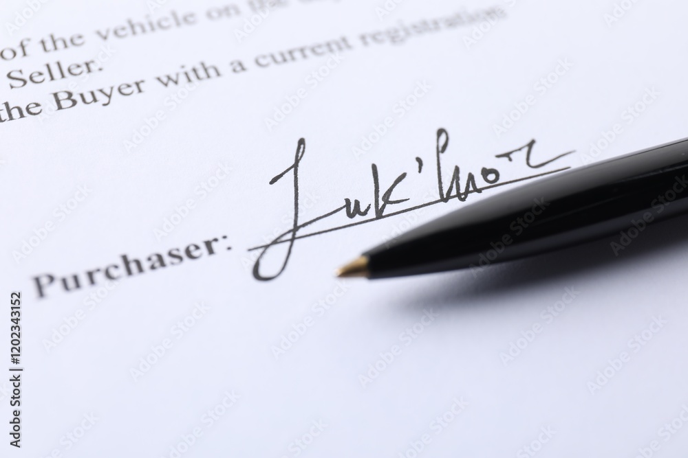 Signature and pen on paperwork, closeup view Signature and pen on paperwork, closeup view