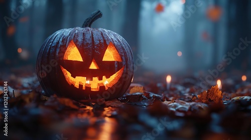 a pumpkin with a carved face sitting in the leaves photo