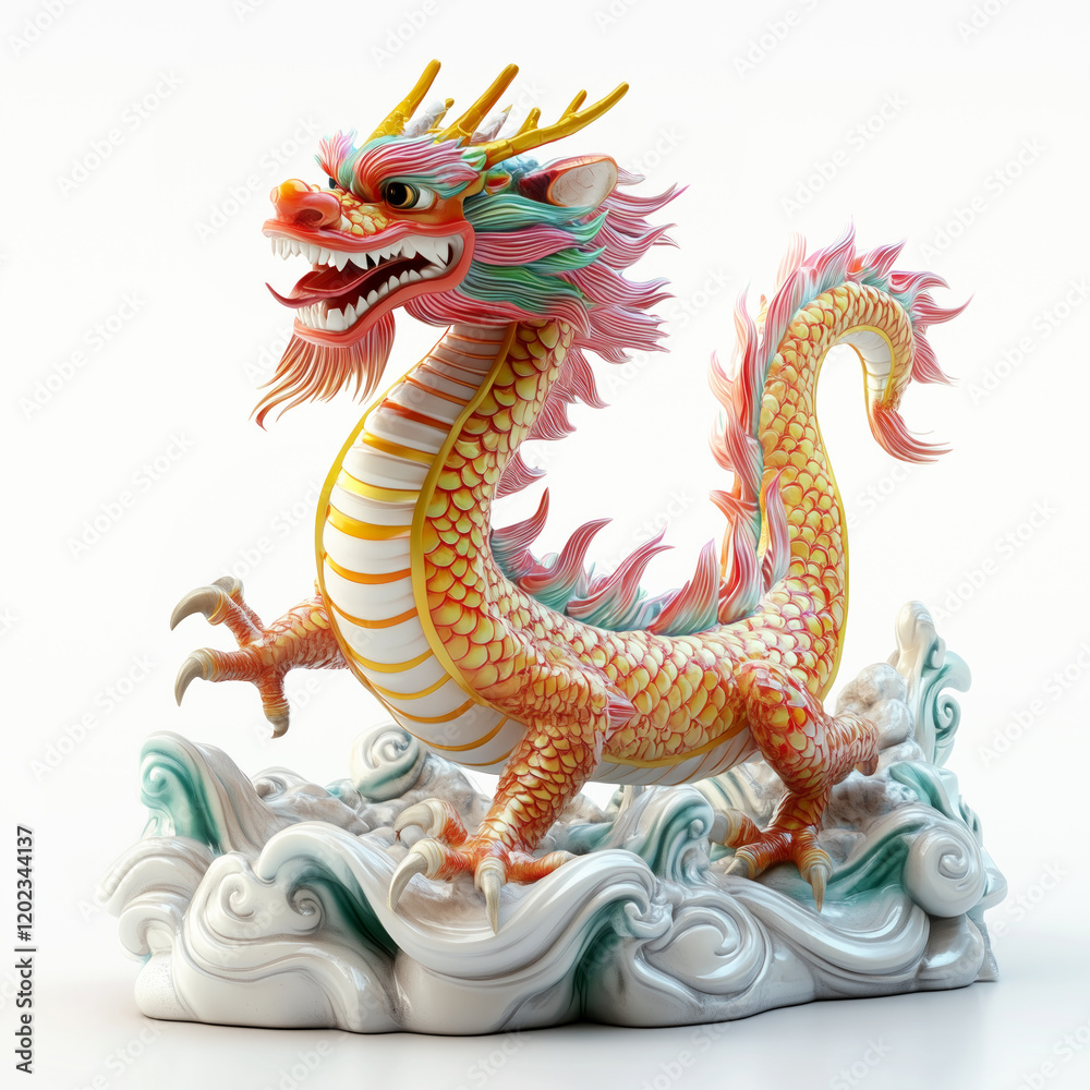 Fototapeta premium Dragon sculpture with golden scales, perched on dynamic waves isolated on white transparent background