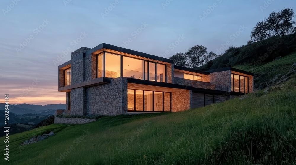 A modern stone house set in a lush landscape, featuring large glass windows that reflect a warm sunset glow. A modern stone house set in a lush landscape, featuring large glass windows that reflect a warm sunset glow.