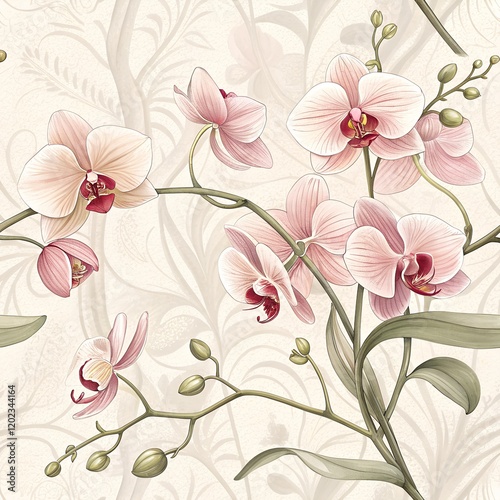 Wallpaper Mural An exquisite watercolor illustration of delicate orchids featuring soft pink petals and minimal leaves. They are gently scattered across a light beige background. The orchids are rendered with a gentl Torontodigital.ca