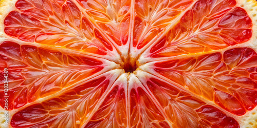 Close-up view of a citrus fruit cross-section reveals intricate patterns and vibrant colors. The bright orange and red segments create a stunning visual display of natural beauty
