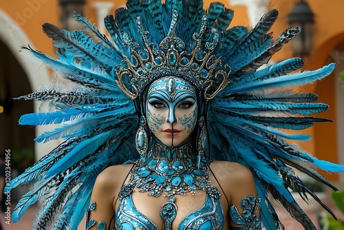 Woman adorned in a vibrant blue feathered headdress and jeweled costume