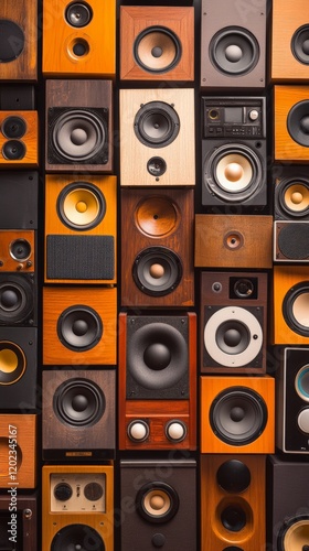 Different vintage audio speakers are creating a visually captivating wall, showcasing diverse designs and suggesting a powerful sound system for music enthusiasts and audiophiles photo
