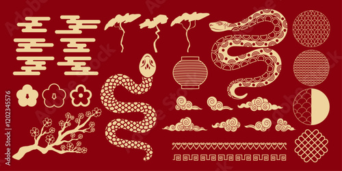 Chinese lanterns, frames, year of the snake. Traditional element decoration in Chinese style. Ornament. Trendy modern design. Line art. Japanese.  Chinese New Year. Sakura. Oriental geometric shape
