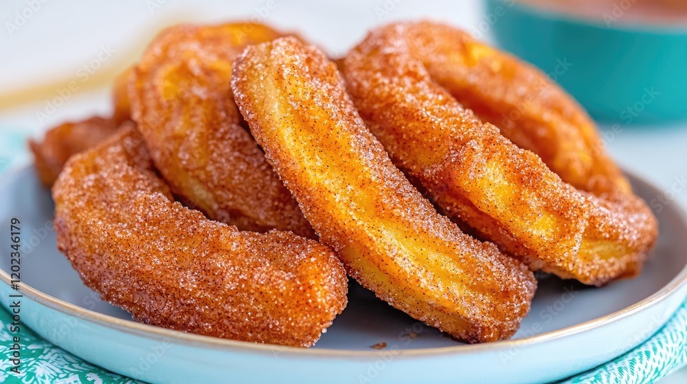 Sweet Churros on Plate, Close-up Food Photography, Recipe Image Sweet Churros on Plate, Close-up Food Photography, Recipe Image