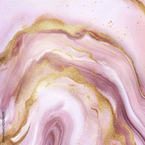 A pastel watercolor background featuring abstract pink liquid and golden crackers, created with a marble alcohol ink drawing technique. This modern inkscape design template is perfect for wedding photo