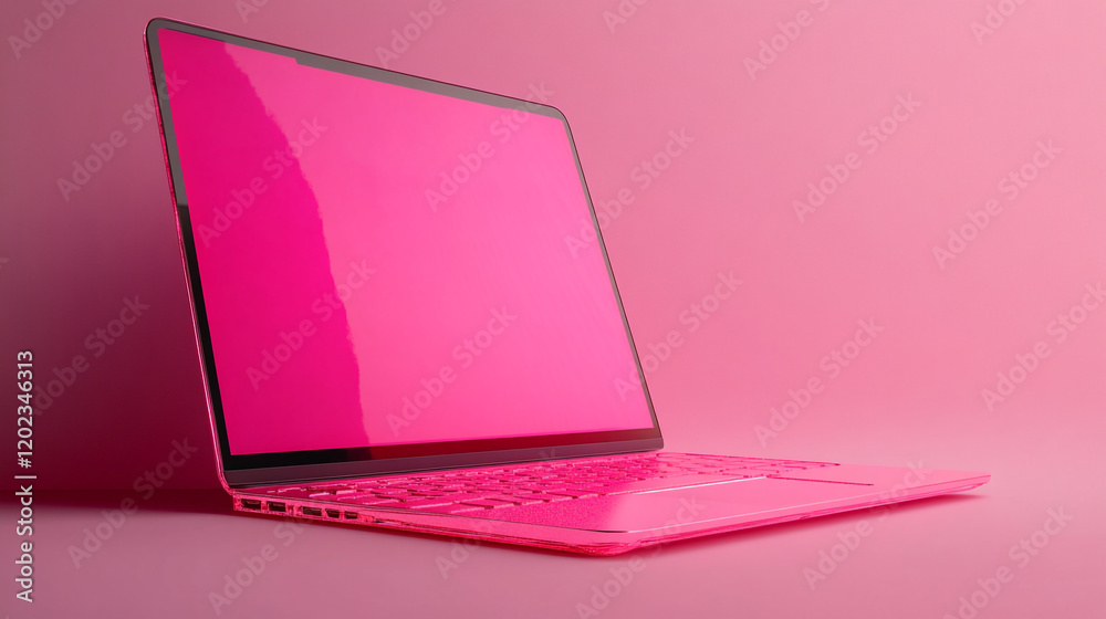 Bright pink laptop on pink background captures modern design and sleek aesthetics Bright pink laptop on pink background captures modern design and sleek aesthetics