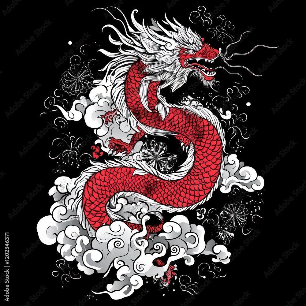 Red and white dragon floats above clouds, fantasy illustration for design or art Red and white dragon floats above clouds, fantasy illustration for design or art