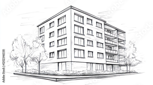 Architectural sketch of a multi-story building with landscaping. Potential use Architectural visualization photo