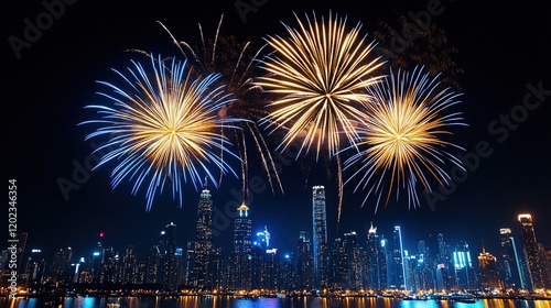 Beautiful fireworks over the city skyline at night, a New Year's celebration concept.