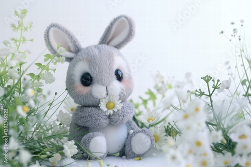 Beautiful Easter bunny with holiday decor on a white background. photo