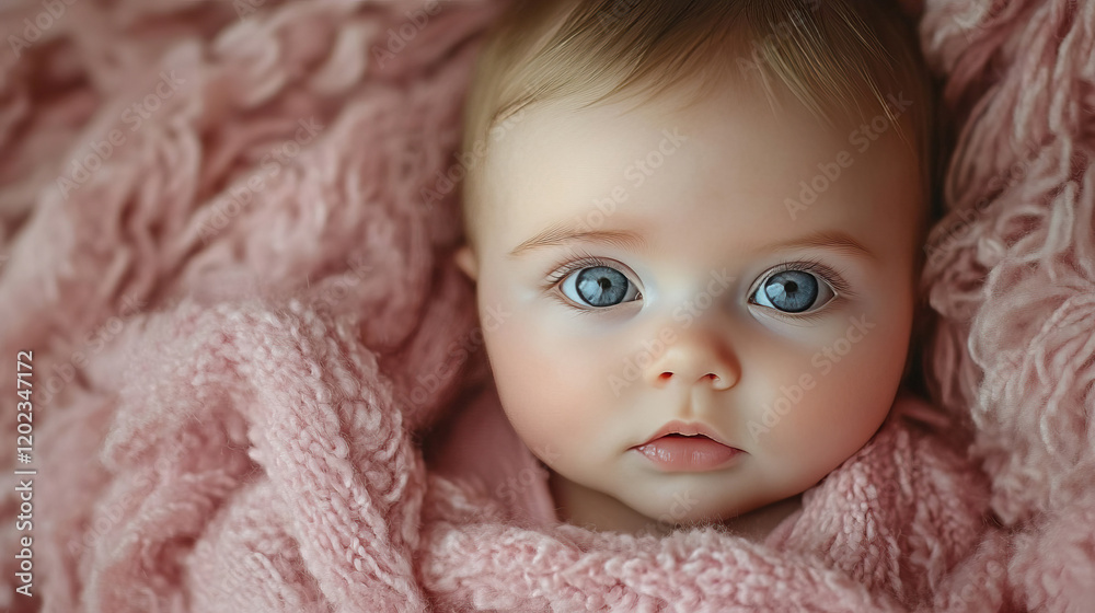 Adorable baby wrapped in pink blanket with mesmerizing blue eyes Adorable baby wrapped in pink blanket with mesmerizing blue eyes