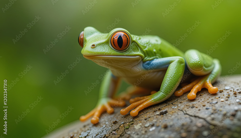 A vibrant green frog with striking orange eyes sits on a log, surrounded by rich foliage. Sunlight filters through leaves, creating a lively outdoor atmosphere A vibrant green frog with striking orange eyes sits on a log, surrounded by rich foliage. Sunlight filters through leaves, creating a lively outdoor atmosphere