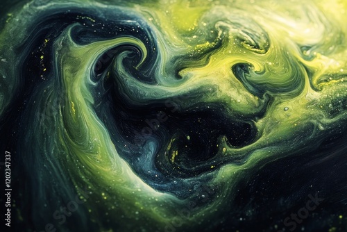 Vibrant green abstract design resembling swirling waves in a dark background