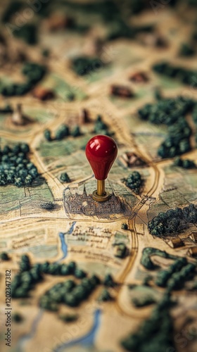 Map with red pin highlighting a location in an intricate urban layout during ...