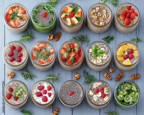 Wallpaper Mural A colorful display of healthy chia seed puddings topped with various fruits and nuts, arranged in glass jars on a wooden surface. Torontodigital.ca