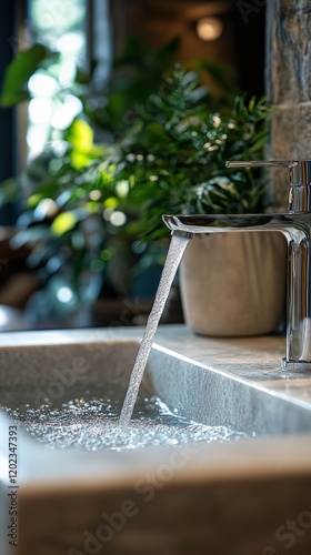 Water flowing from a kitchen faucet surrounded by indoor plants in a sunlit s...