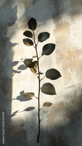 Shadow of a leaf branch highlighting natural beauty against a textured wall