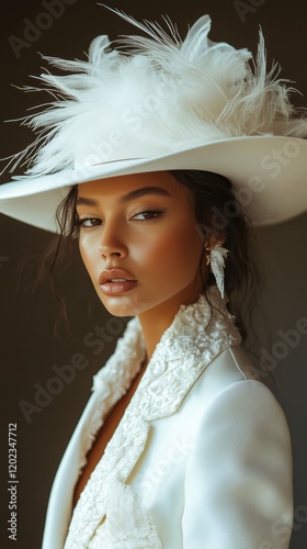 Elegant woman in a white hat and coat poses against a dark backdrop highlight...