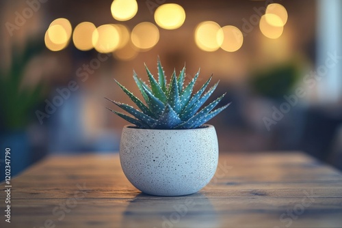 Green plant in a decorative pot on a wooden table under soft sunlight