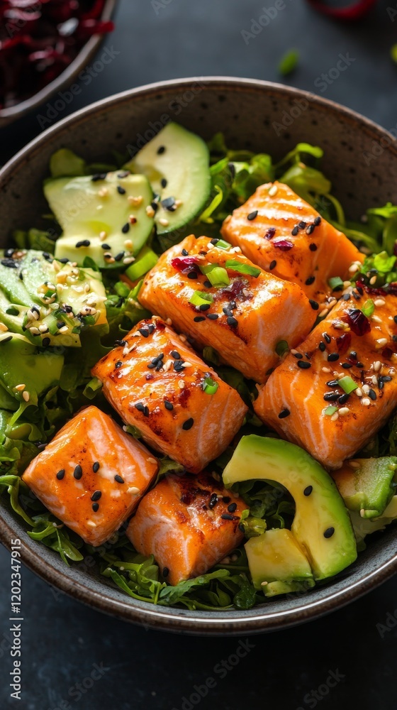 Fresh salad with salmon, avocado, and cherry tomatoes in a decorative bowl Fresh salad with salmon, avocado, and cherry tomatoes in a decorative bowl