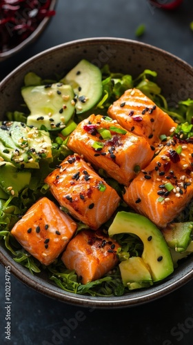 Fresh salad with salmon, avocado, and cherry tomatoes in a decorative bowl
