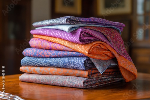 Vibrant handwoven textiles arranged in a colorful stack on a wooden table in ...