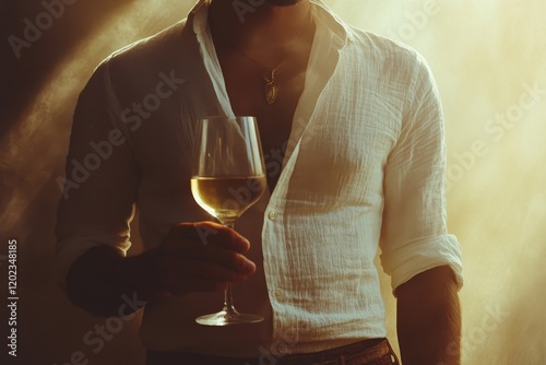 Celebrating joy with a glass of white wine at a tropical location during sunset