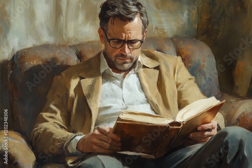 Man reading an old book in a cozy chair with warm lighting in a quiet corner ...