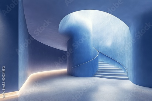 Stunning modern interior with curved blue walls and expansive glass windows s...