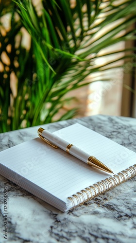 Beautiful green plant placed beside a journal and pen on a wooden table in na...