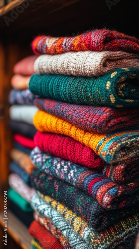 Warm and cozy stack of knitted sweaters in autumn hues resting outdoors in na...