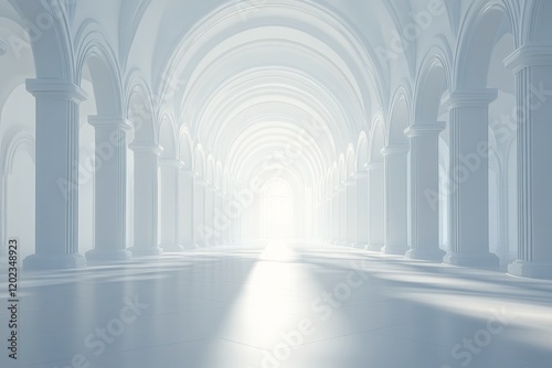 Elegant white interior space featuring tall arches and harmonious light effects