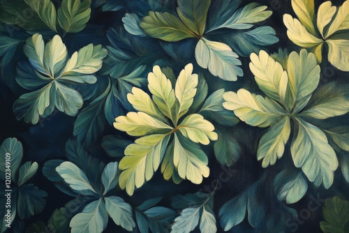 Lush green leaves arranged in a vibrant pattern evoke a sense of tranquility ...