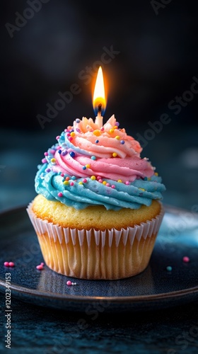 Colorful cupcake with a lit candle and sprinkles on a dark background