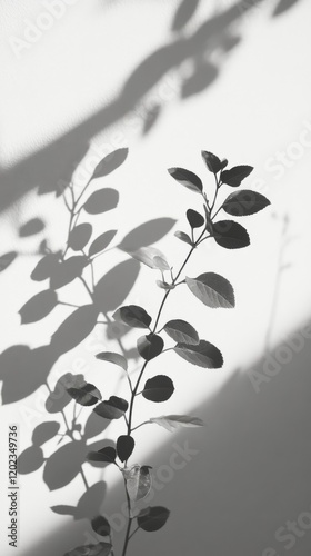 Green plant branch casting shadows on a light wall in natural light