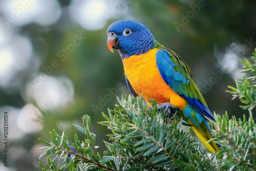 Bright blue and yellow parrot perched on a branch in a lush green setting wit...
