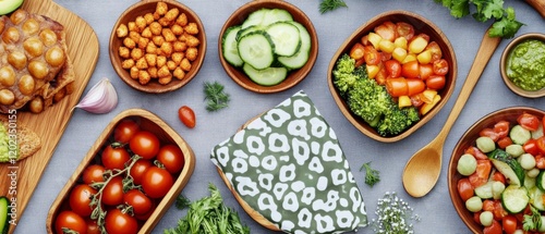 A colorful arrangement of fresh vegetables, nuts, and herbs in bowls, showcasing a healthy and vibrant meal preparation.