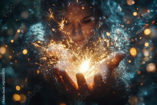 Woman creating magical sparks in a mystical, dimly lit environment surrounded...