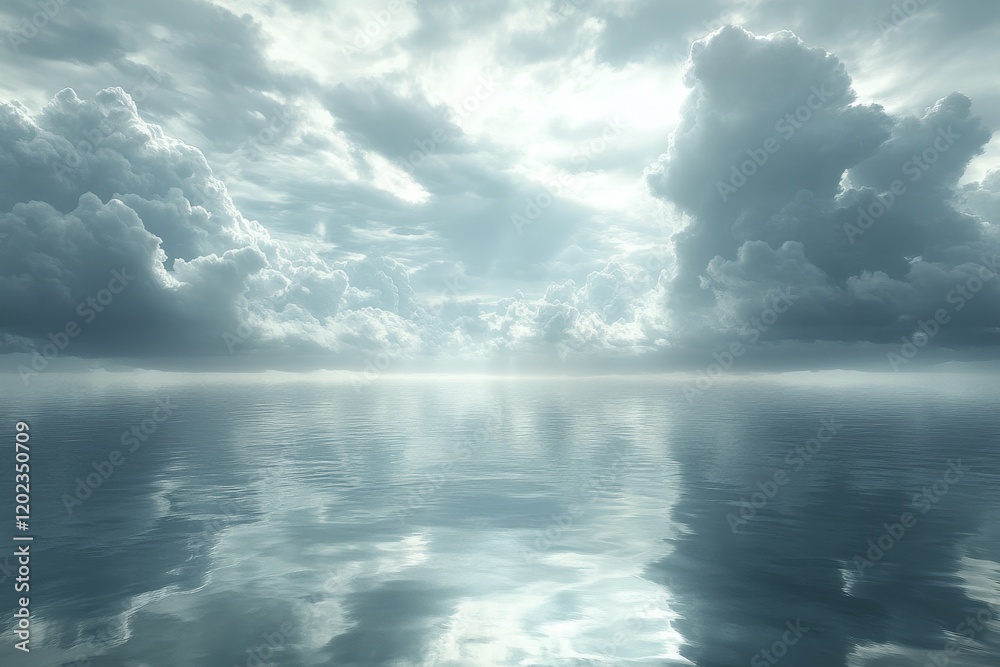 Serene ocean landscape with overcast sky reflecting on calm water Serene ocean landscape with overcast sky reflecting on calm water