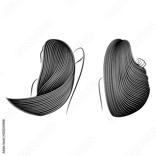 PCollection. Straight beautiful hair of a girl. Woman is beautiful and stylish. Lamination and keratin hair straightening. Vector illustrations set