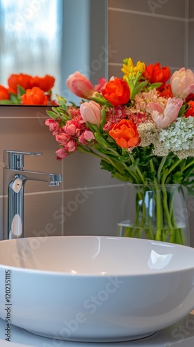 Elegant bathroom with a modern sink and vibrant floral arrangement beside it