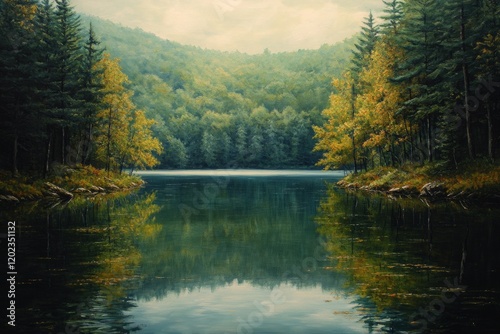 Calm river reflecting green trees and mountains in serene nature setting at s...