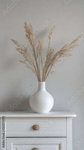 Elegant white vase with delicate flowers on a wooden dresser in a minimalist ...