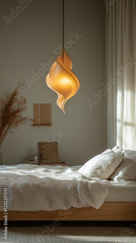 Stylish modern bedroom with natural light and minimalist design in a cozy atm...