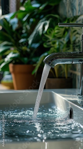 Water flowing from a kitchen faucet surrounded by indoor plants in a sunlit s...