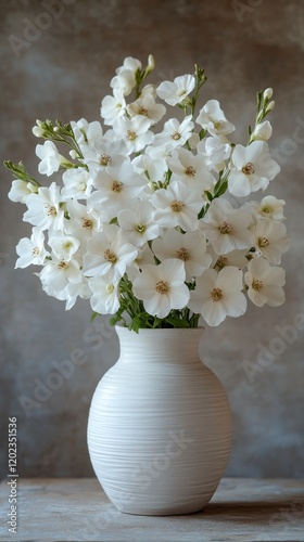 Beautiful white cherry blossoms arranged in a simple vase on a wooden table i...