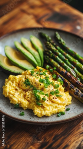 Healthy breakfast plate with scrambled eggs, asparagus, and avocado arranged ...